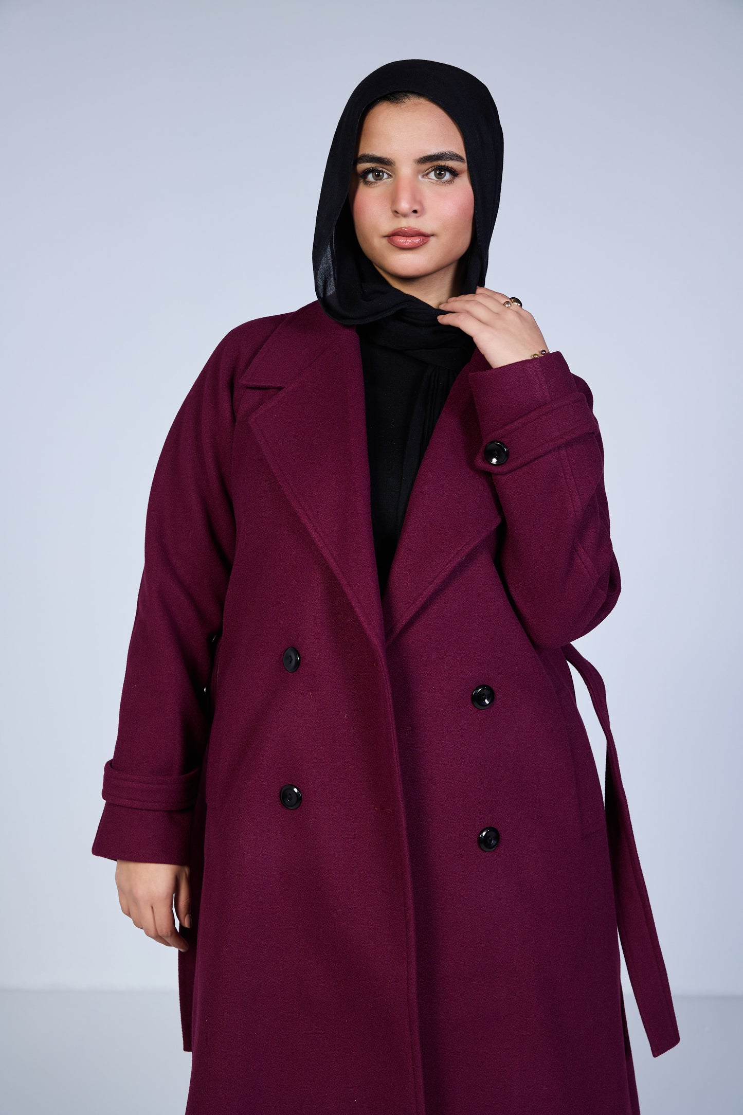 Minimal Wool-Blend Long Coat – Deep Burgundy