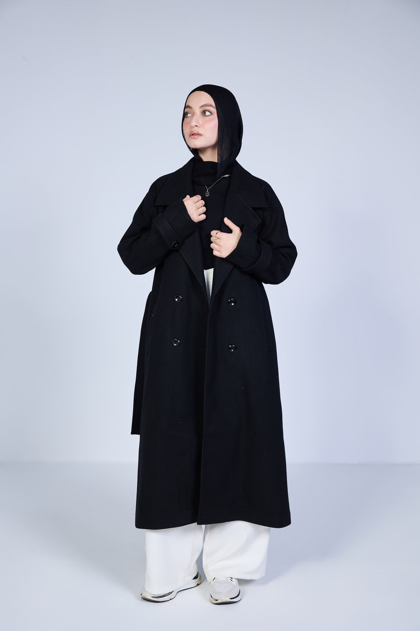 Minimal Wool-Blend Long Coat – Midnight Black