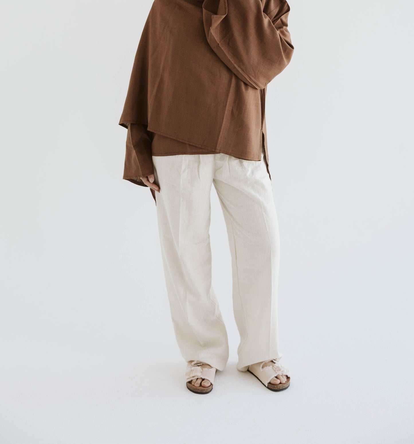 Pure Linen Beige Wide-Leg Pant