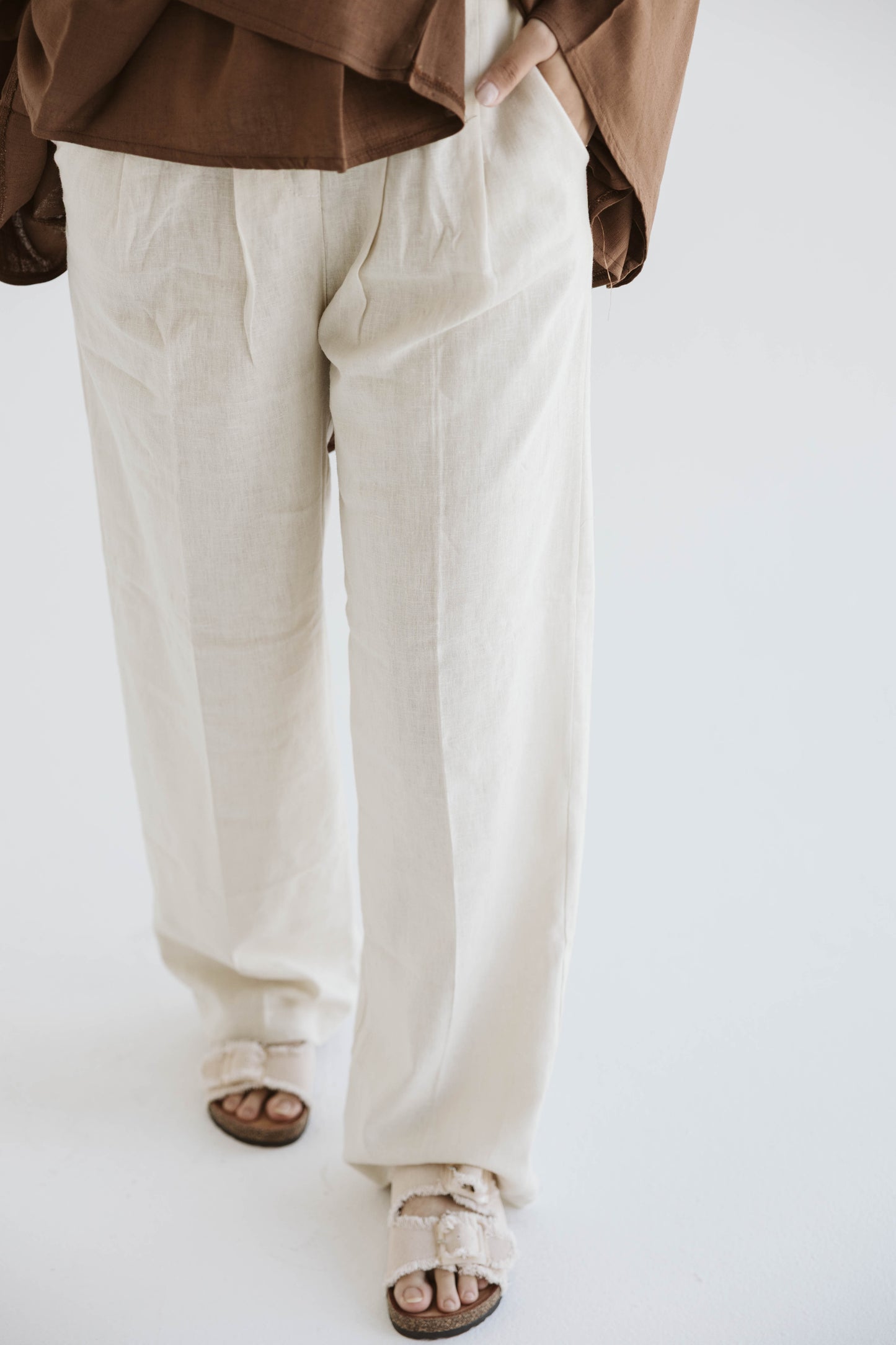 Pure Linen Beige Wide-Leg Pant