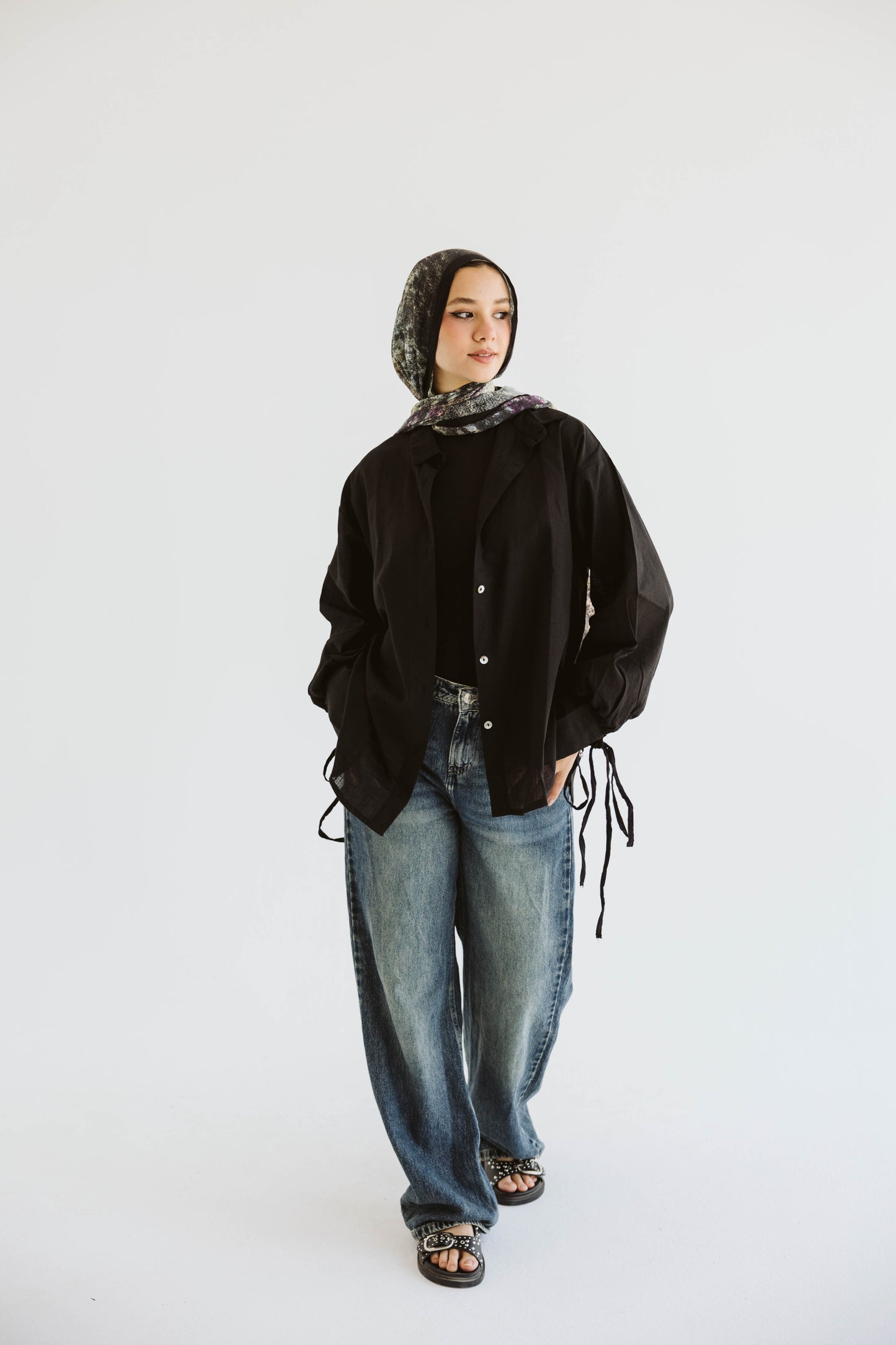 Oversized Linen Shirt with Back Tie –in Black