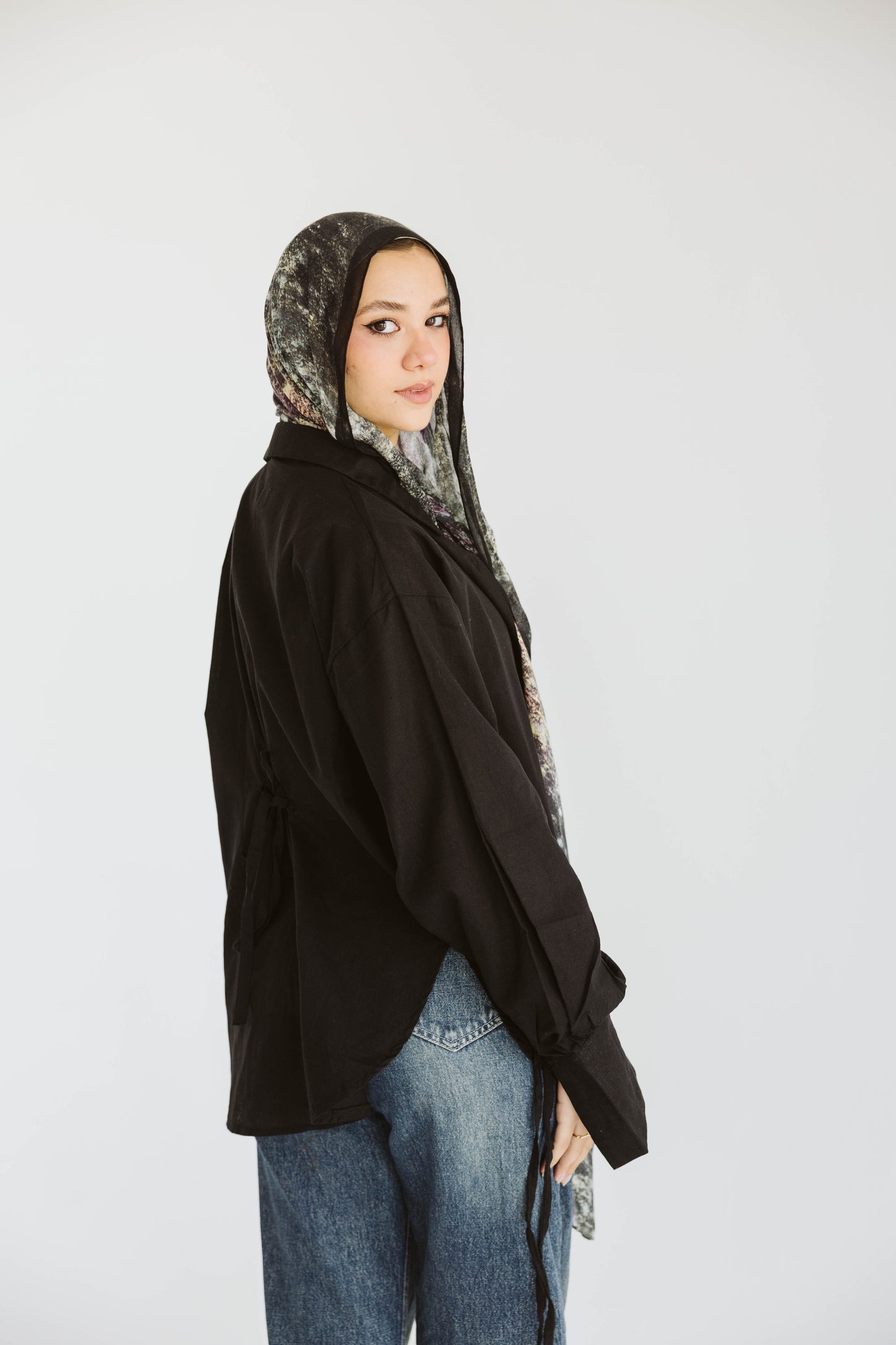 Oversized Linen Shirt with Back Tie –in Black