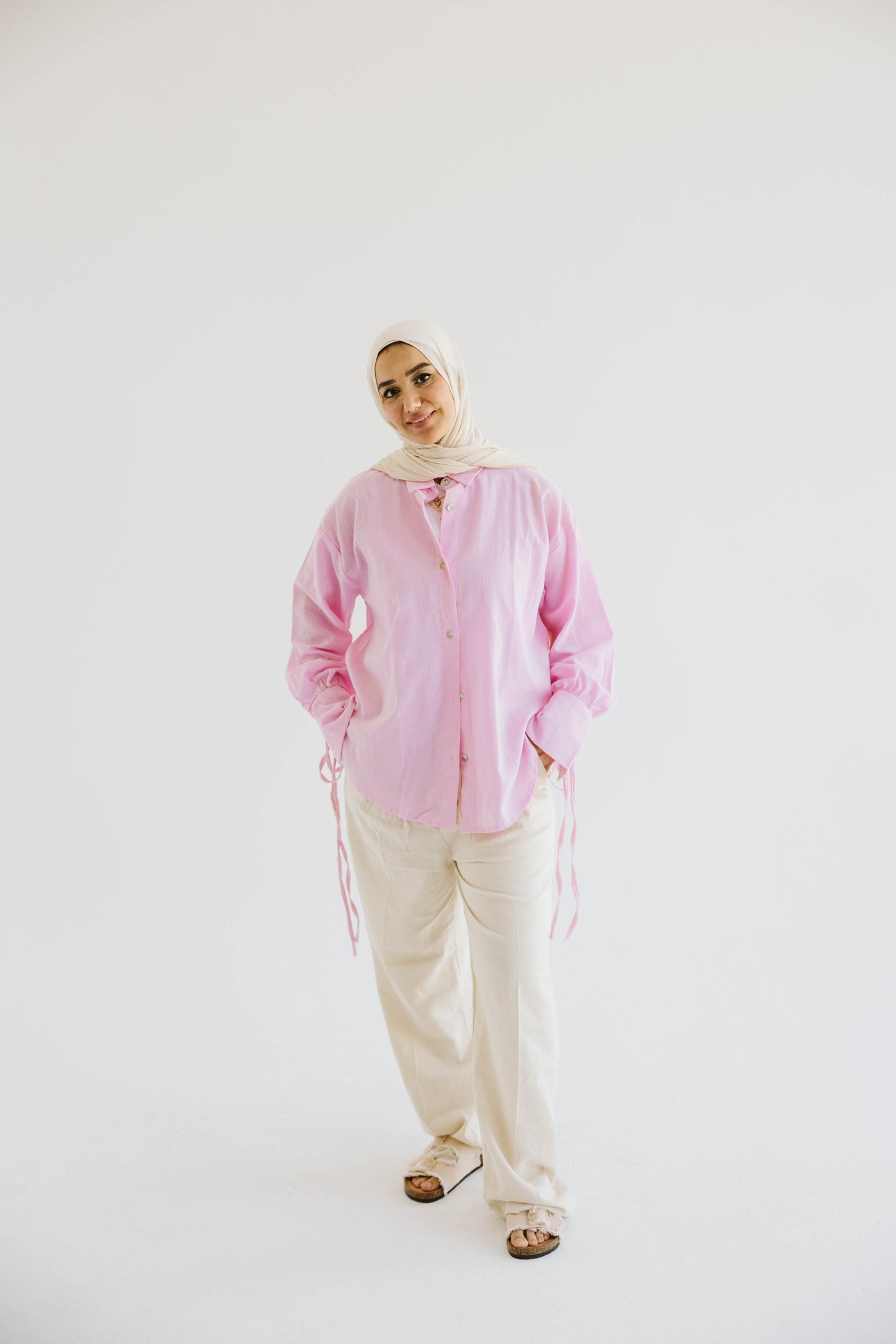 Oversized Linen Shirt with Back Tie – Rose Pink