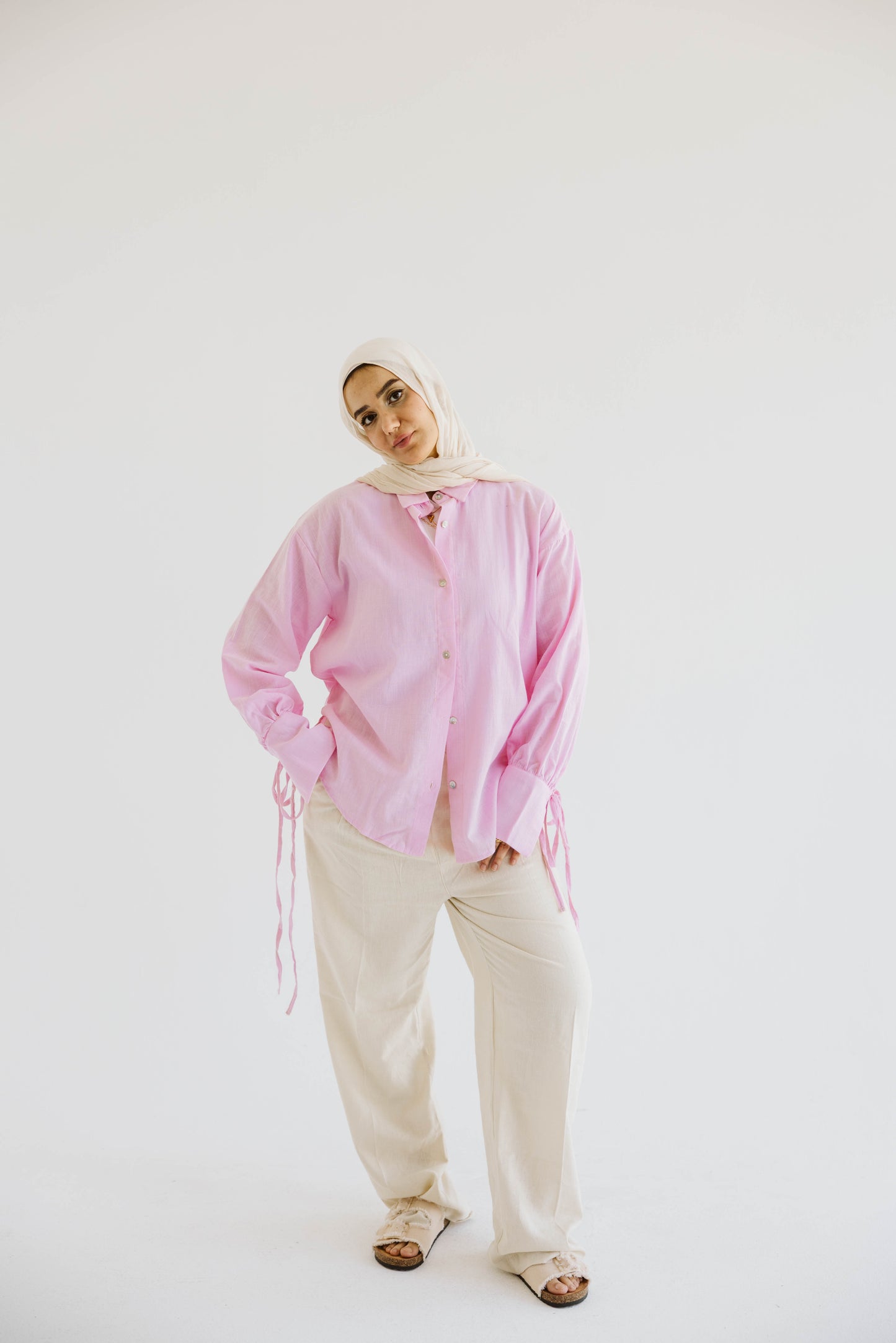 Oversized Linen Shirt with Back Tie – Rose Pink
