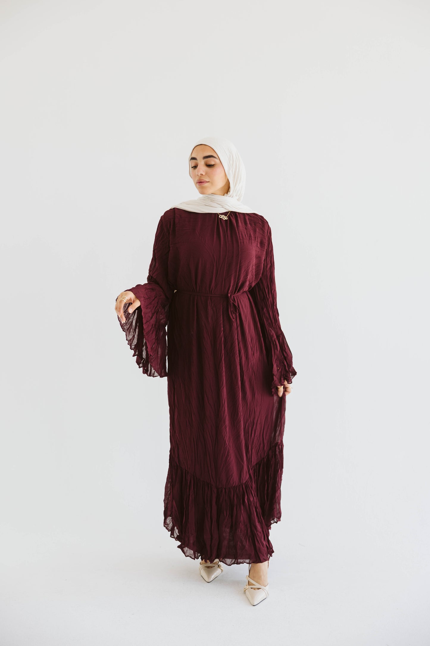 Crush Pleated Long Dress in Velvet Wine