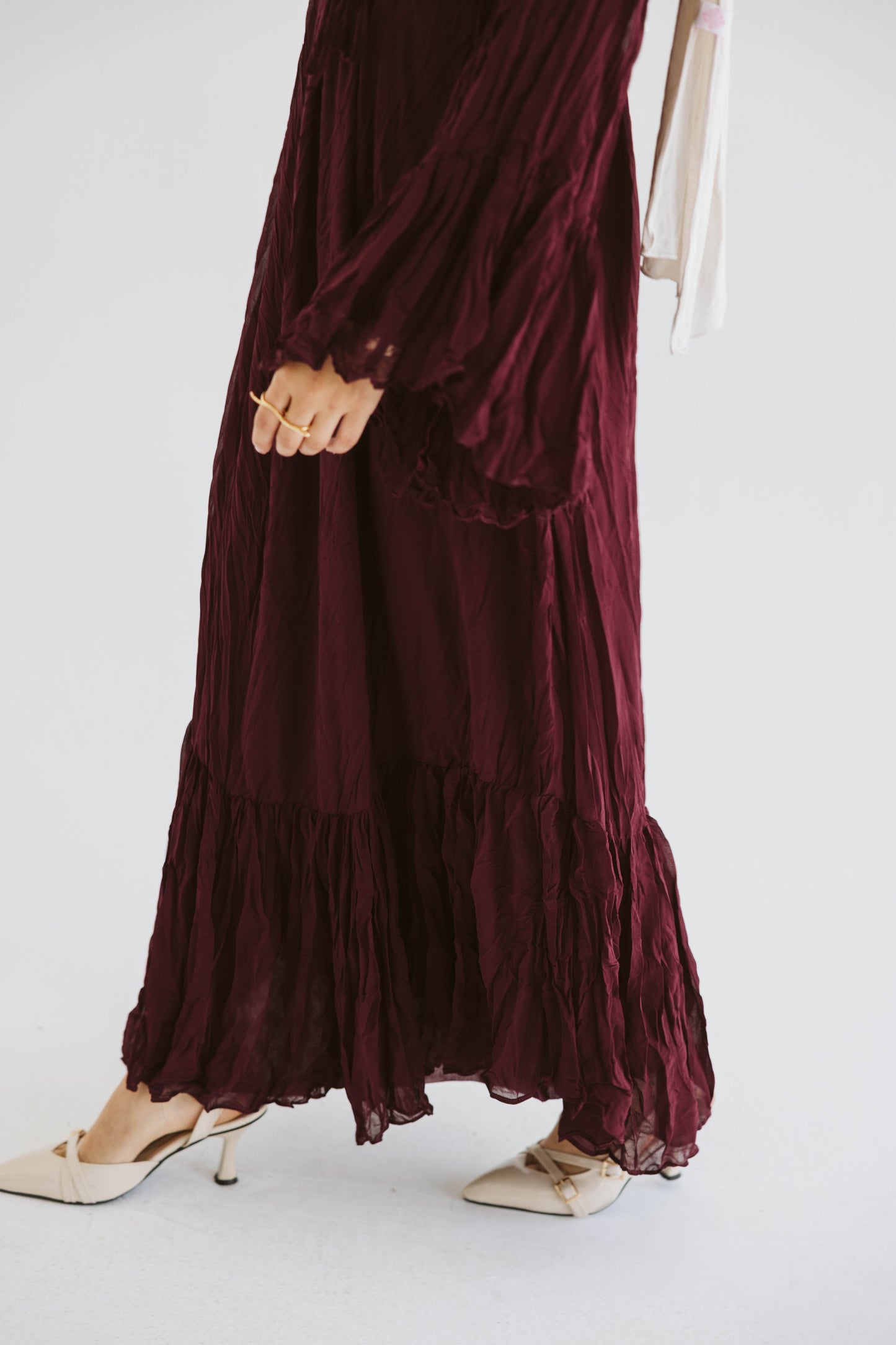 Crush Pleated Long Dress in Velvet Wine