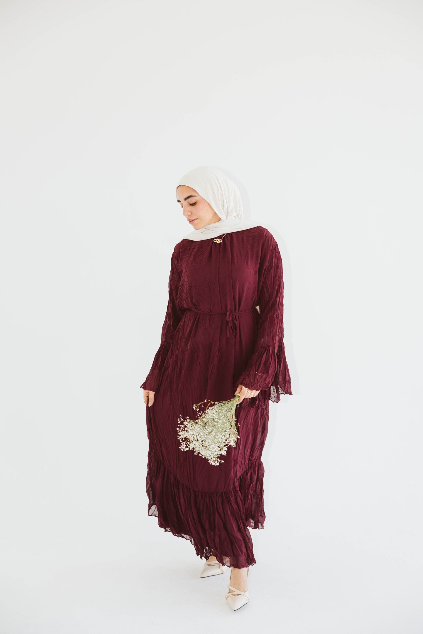 Crush Pleated Long Dress in Velvet Wine