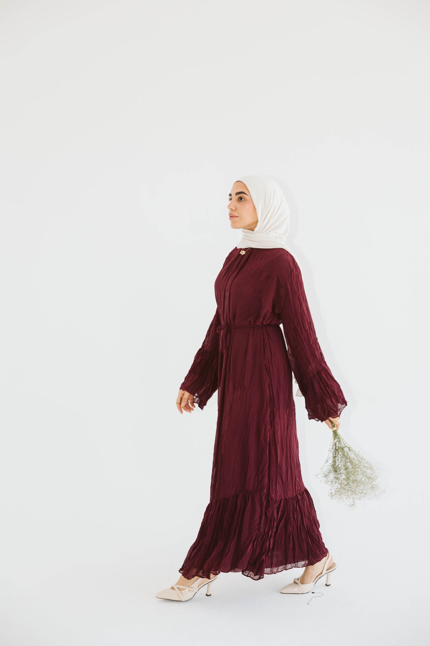Crush Pleated Long Dress in Velvet Wine