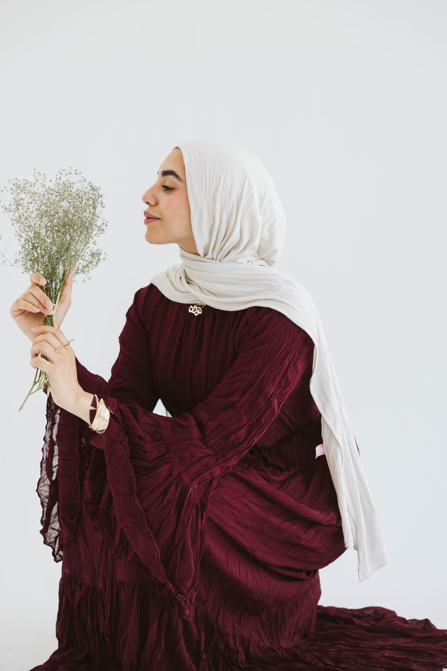 Crush Pleated Long Dress in Velvet Wine