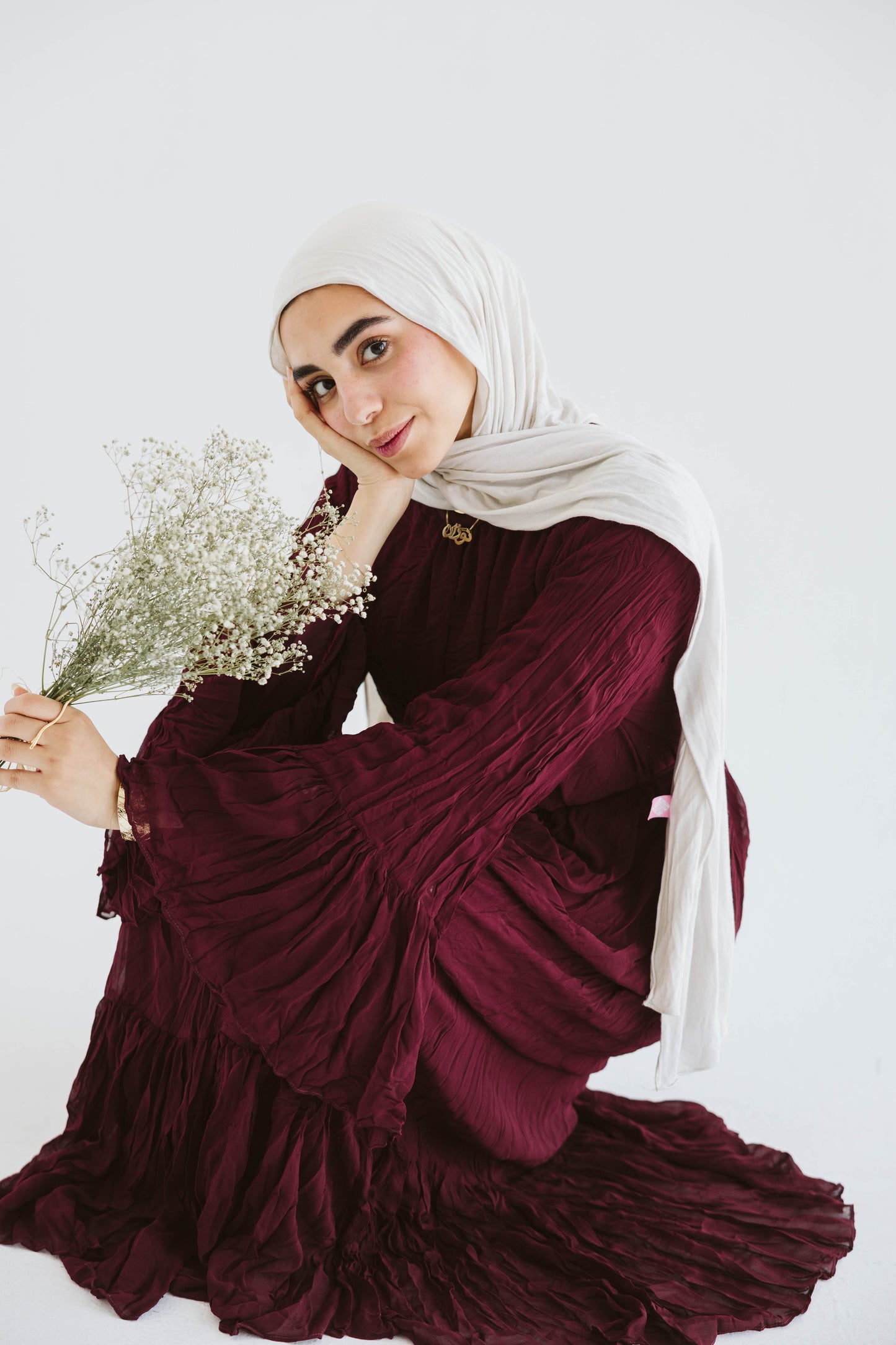 Crush Pleated Long Dress in Velvet Wine