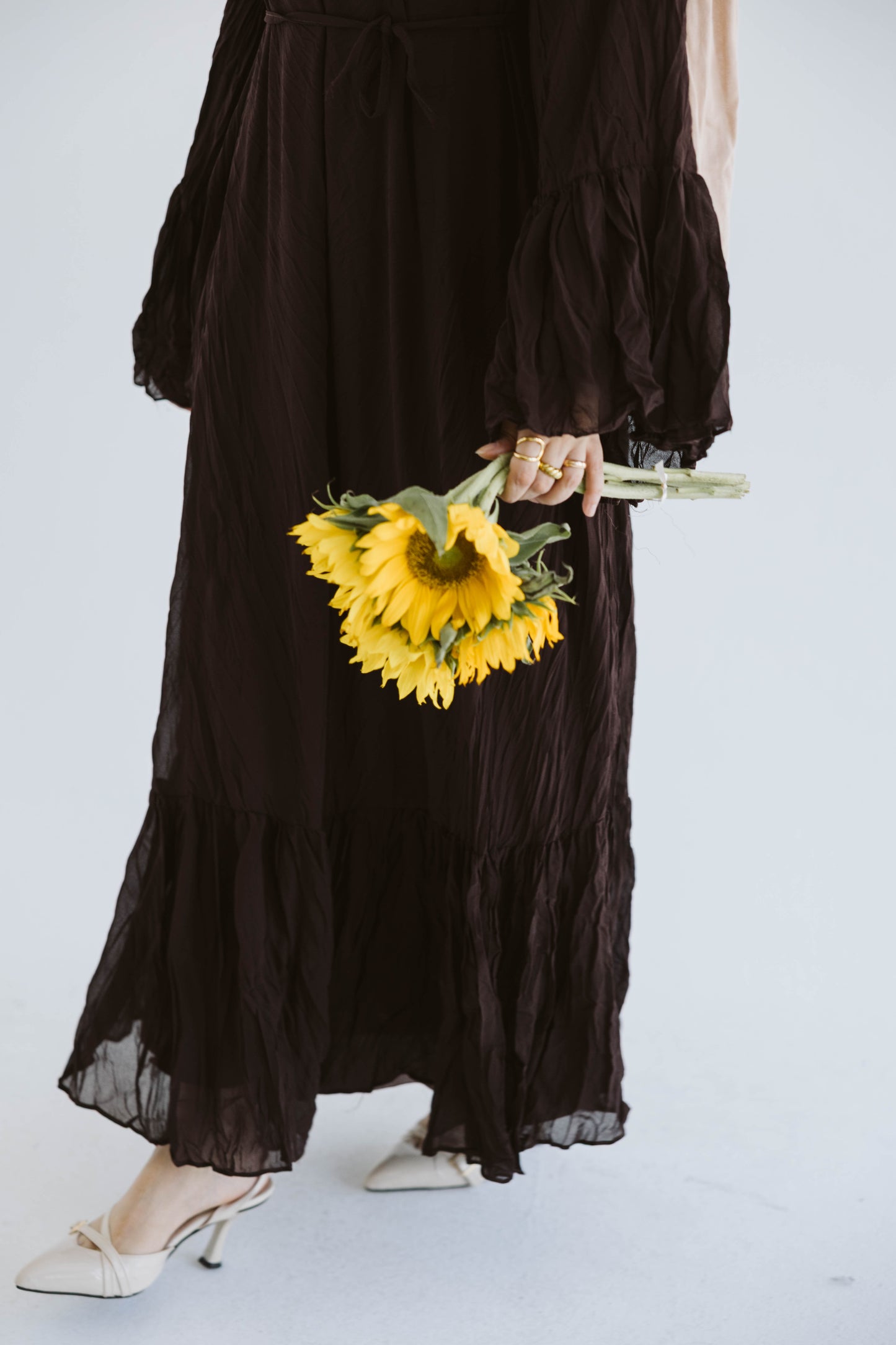 Crush Pleated Long Dress in Chocolate Brown