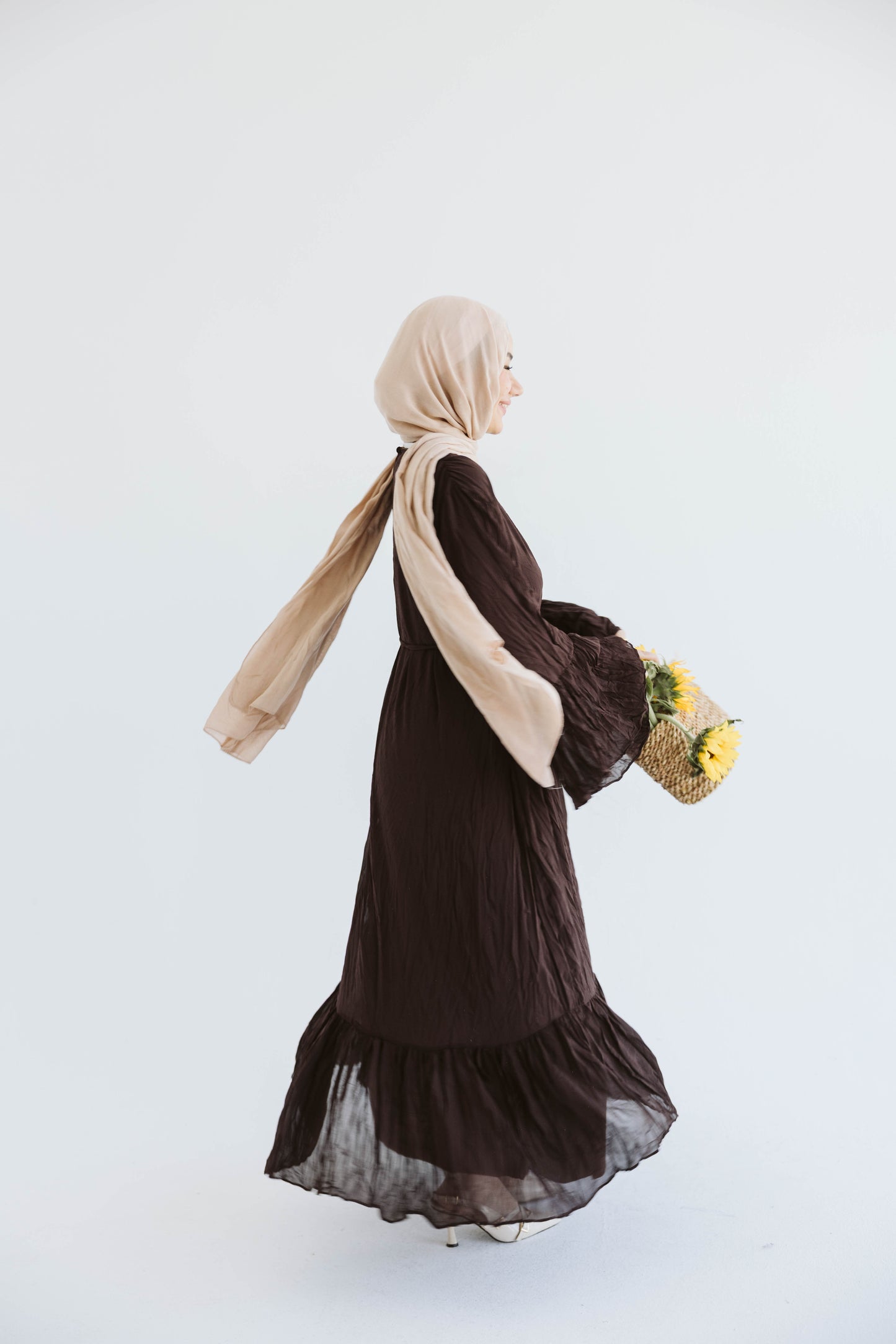Crush Pleated Long Dress in Chocolate Brown