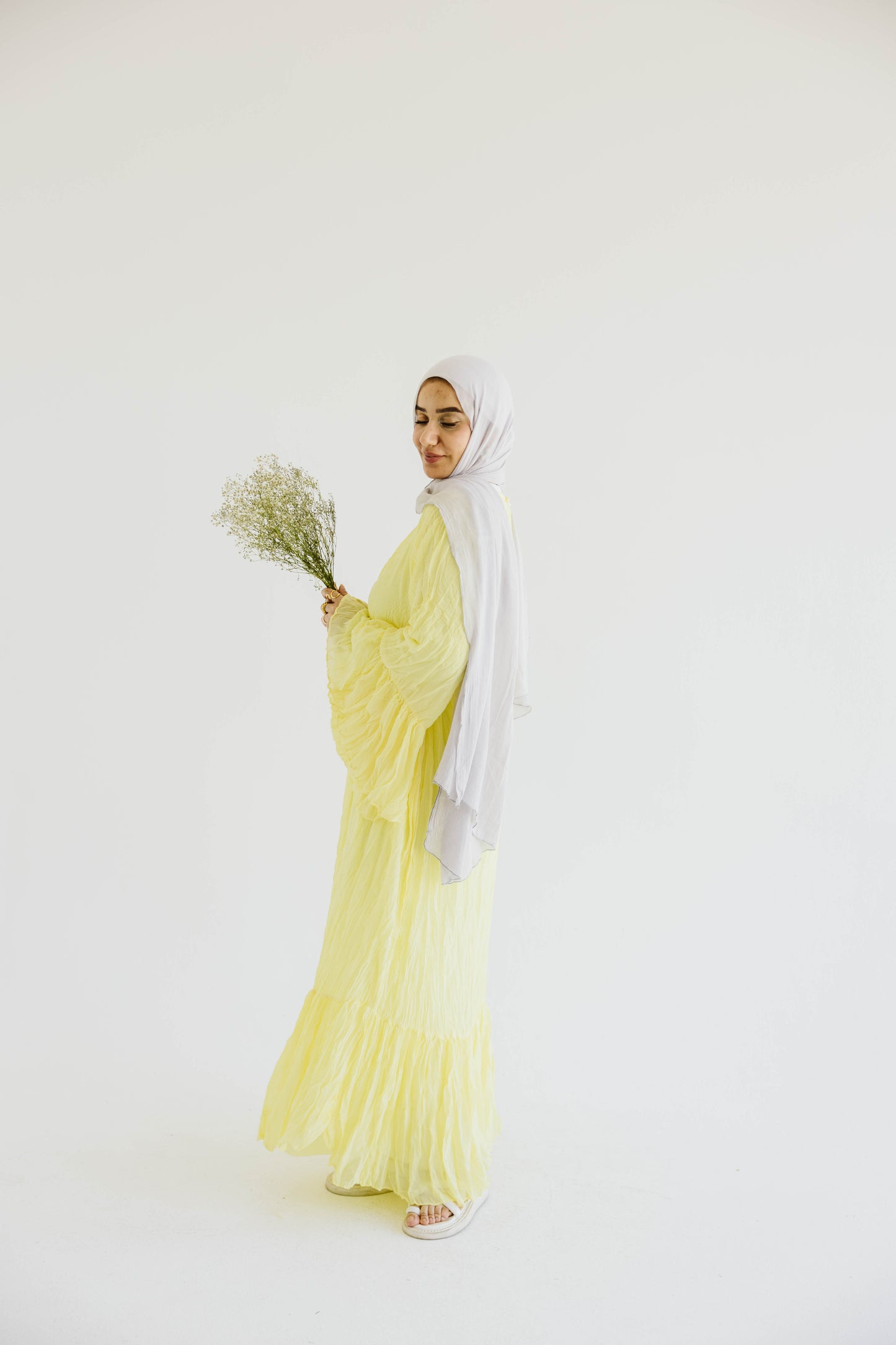 Crush Pleated Long Dress in Butter Yellow
