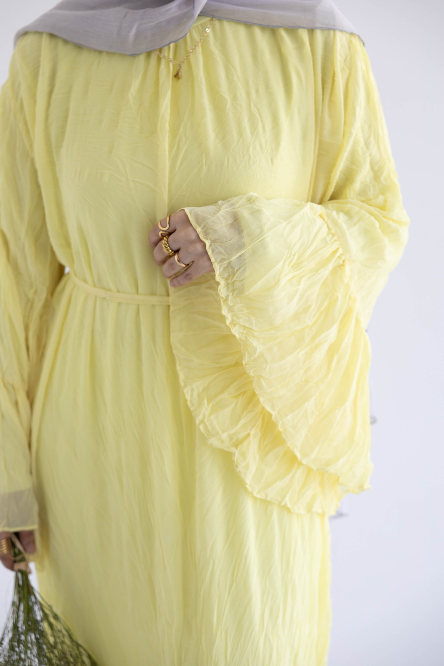 Crush Pleated Long Dress in Butter Yellow
