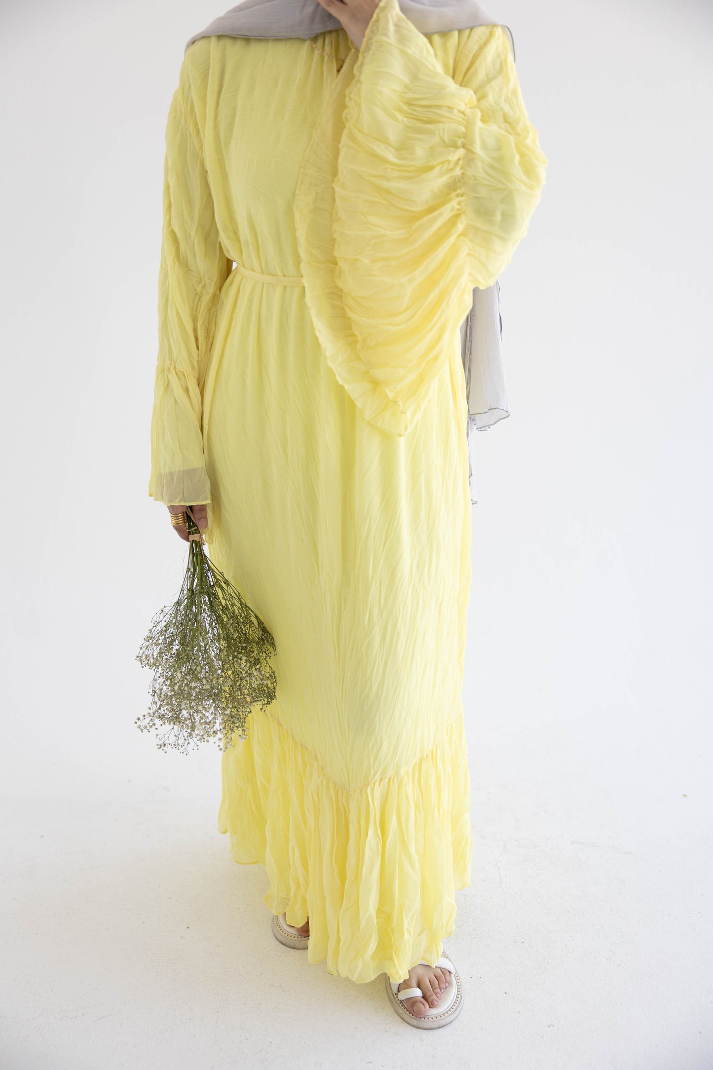Crush Pleated Long Dress in Butter Yellow