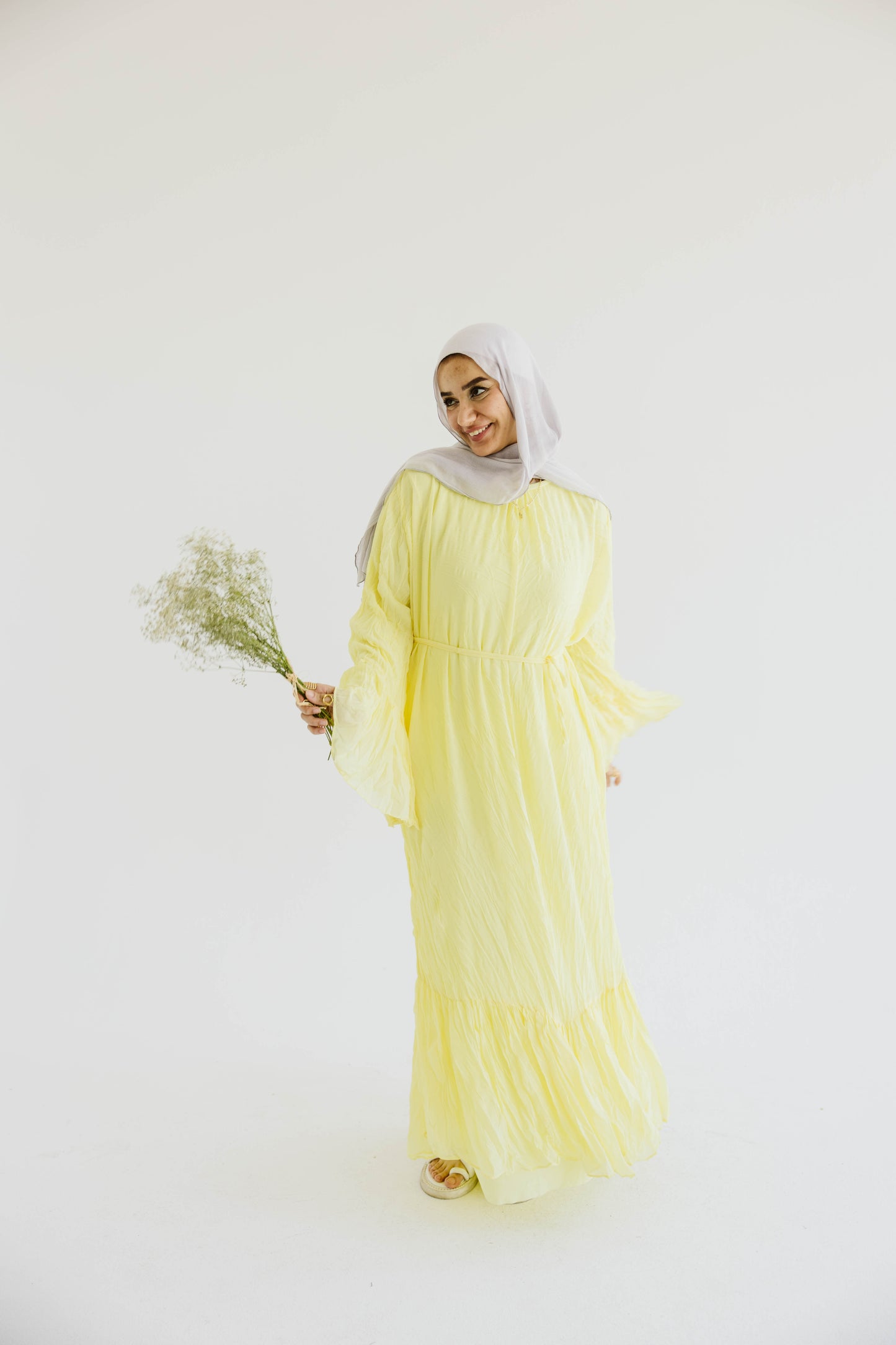 Crush Pleated Long Dress in Butter Yellow