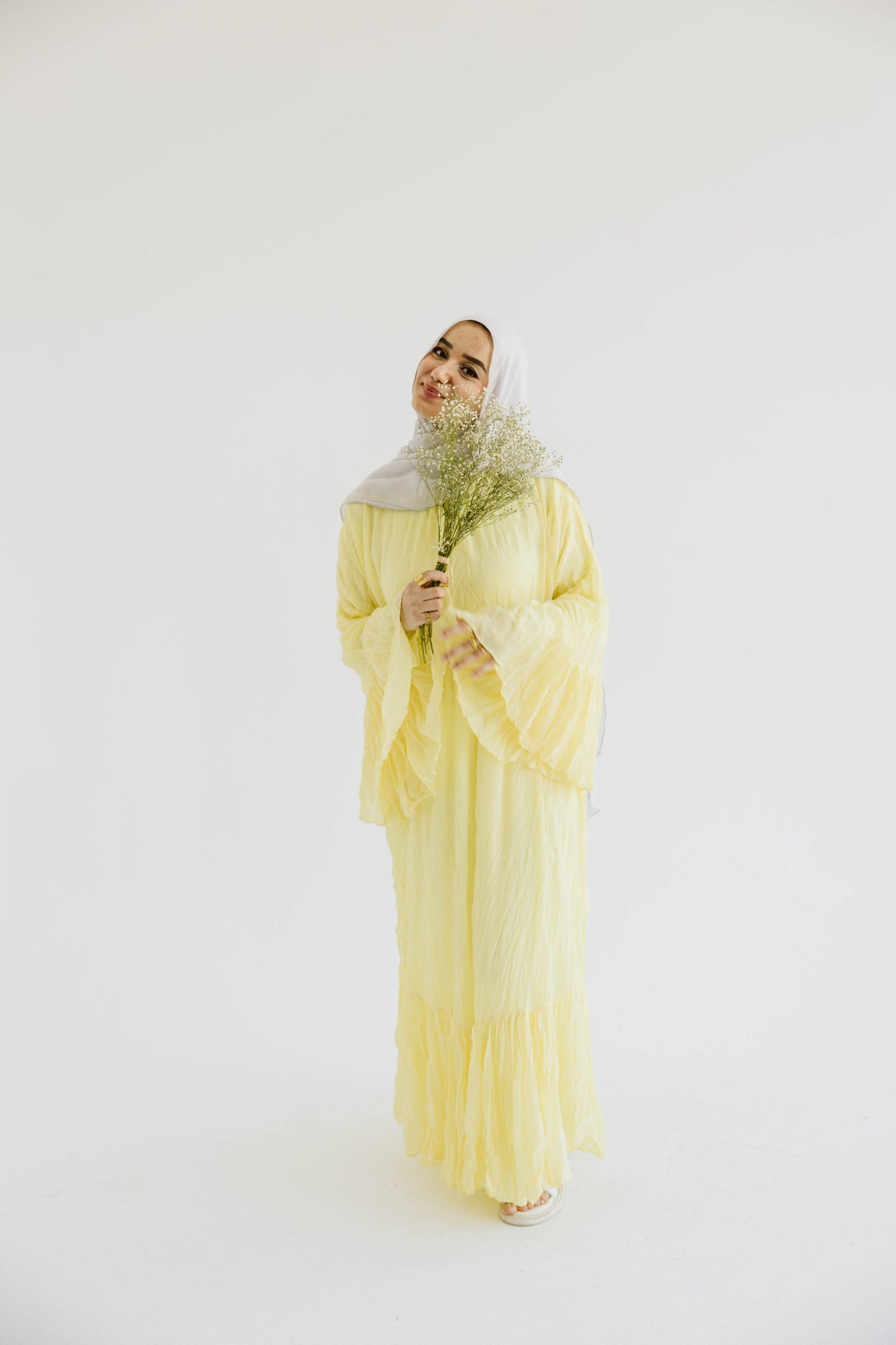 Crush Pleated Long Dress in Butter Yellow