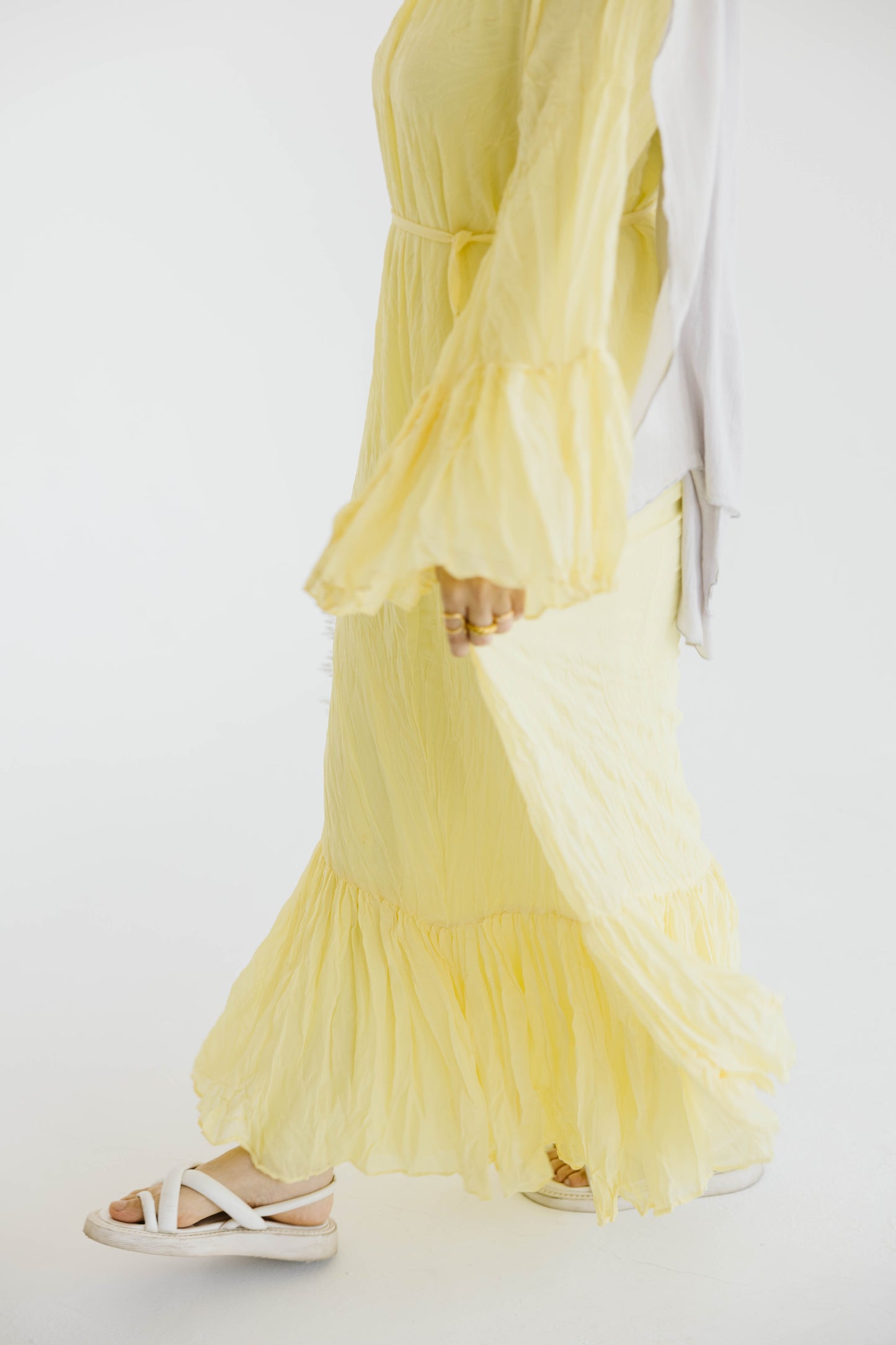 Crush Pleated Long Dress in Butter Yellow