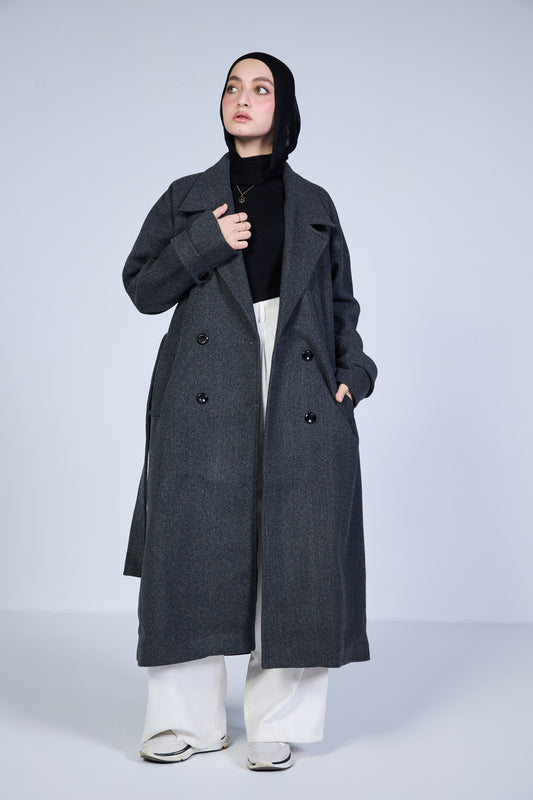 Minimal Wool-Blend Long Coat – Charcoal Grey