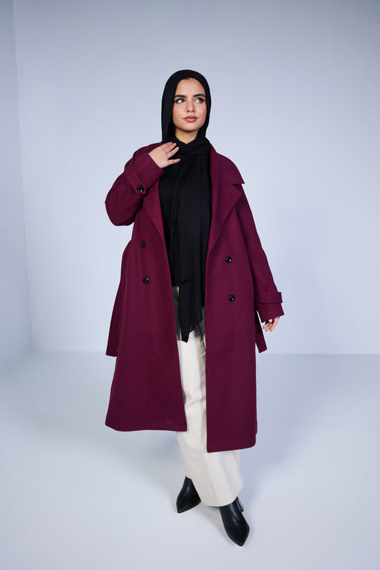 Minimal Wool-Blend Long Coat – Deep Burgundy