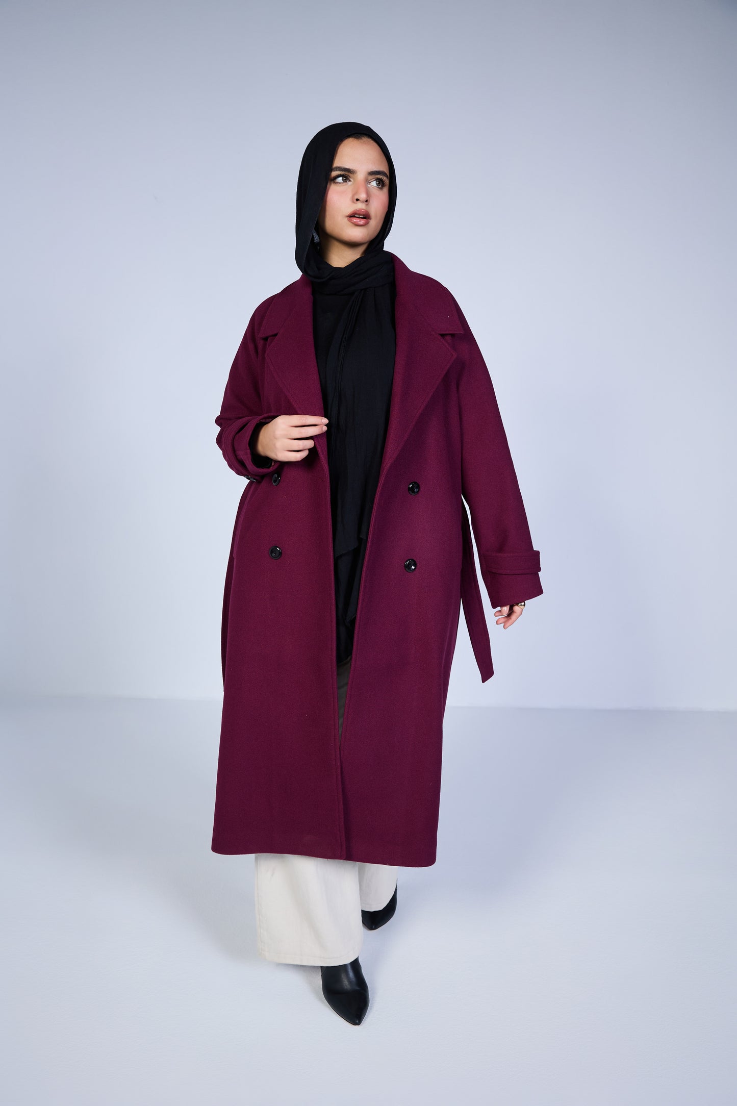 Minimal Wool-Blend Long Coat – Deep Burgundy