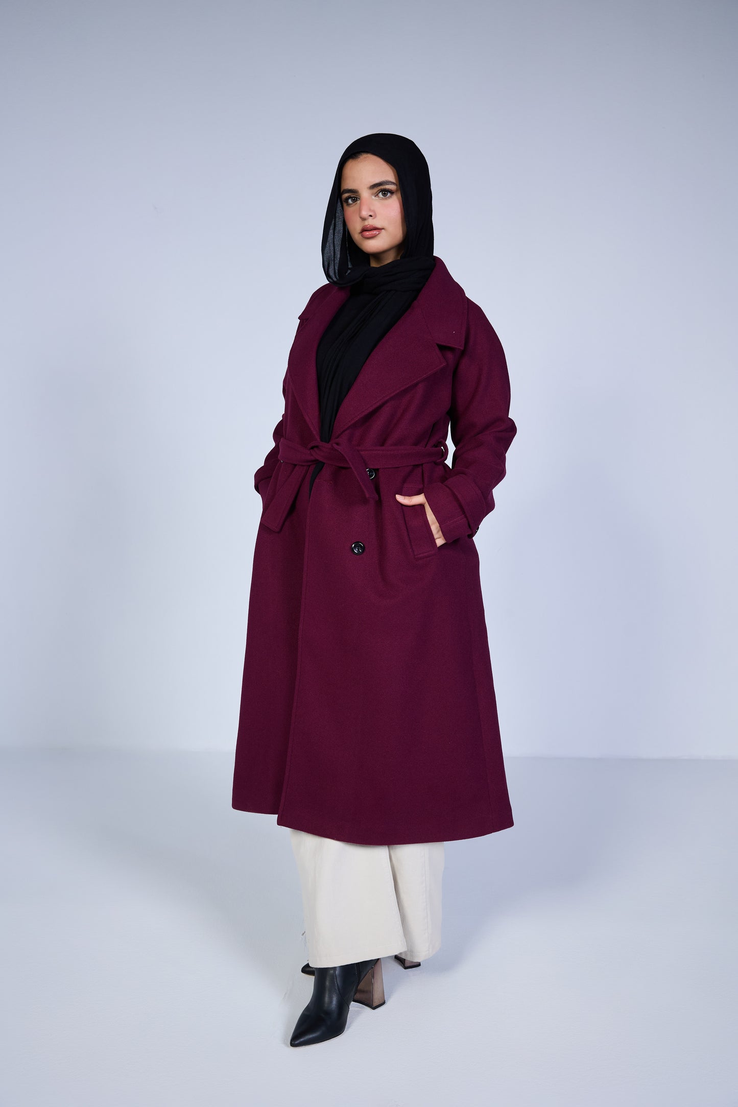 Minimal Wool-Blend Long Coat – Deep Burgundy