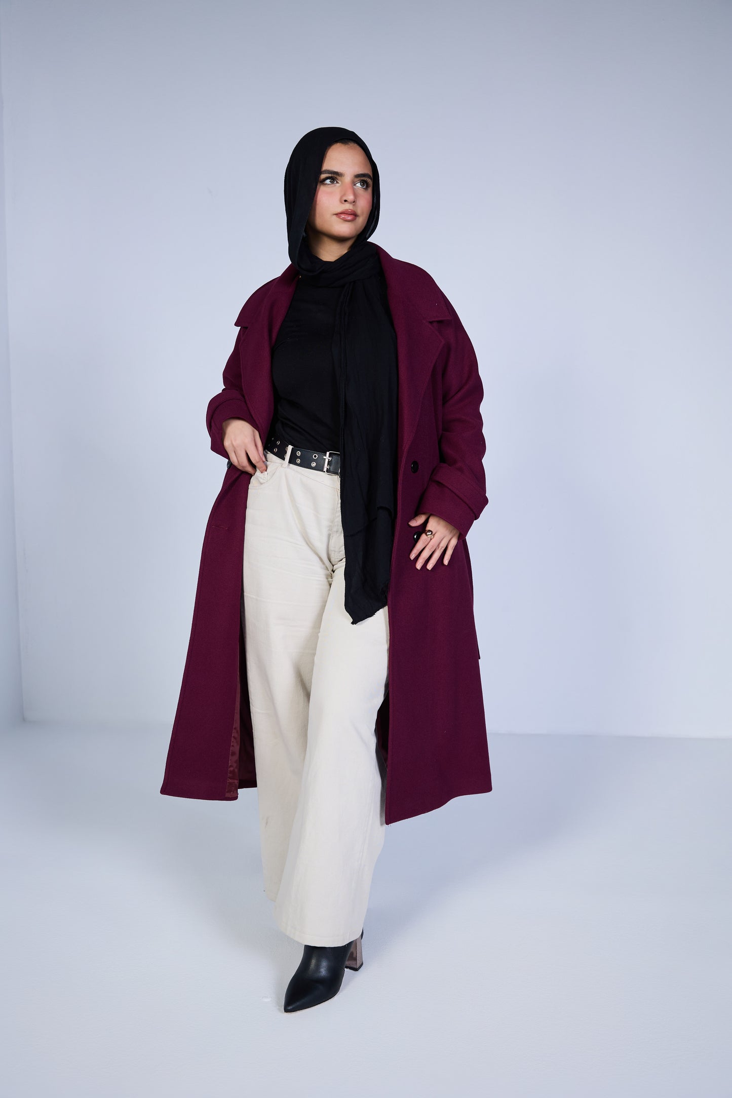 Minimal Wool-Blend Long Coat – Deep Burgundy