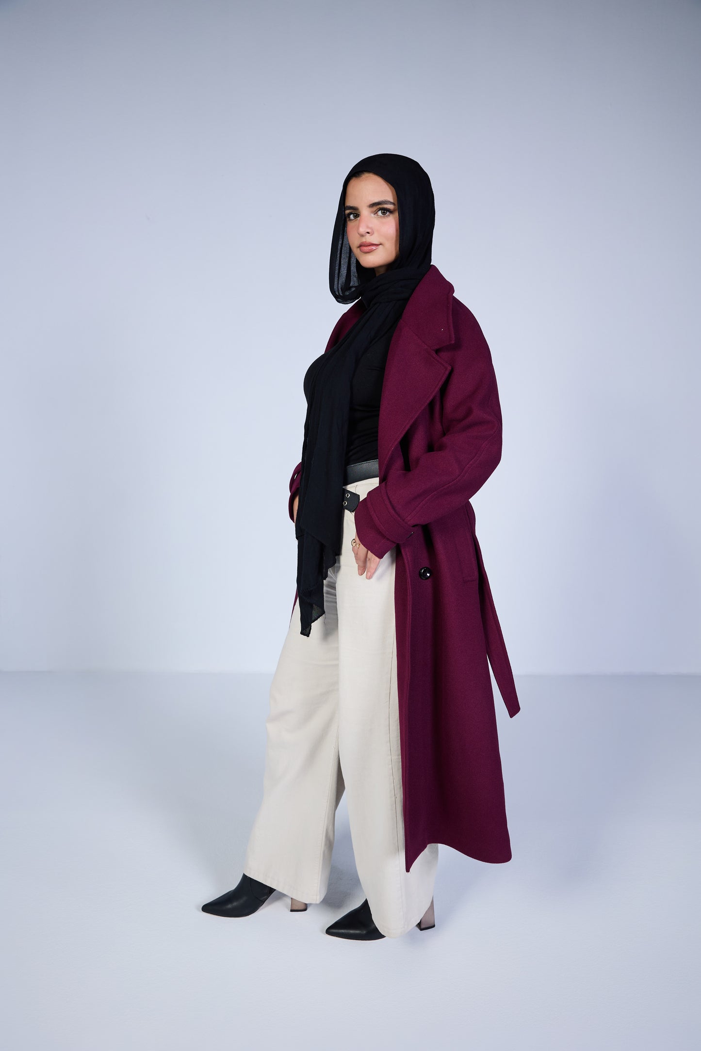 Minimal Wool-Blend Long Coat – Deep Burgundy