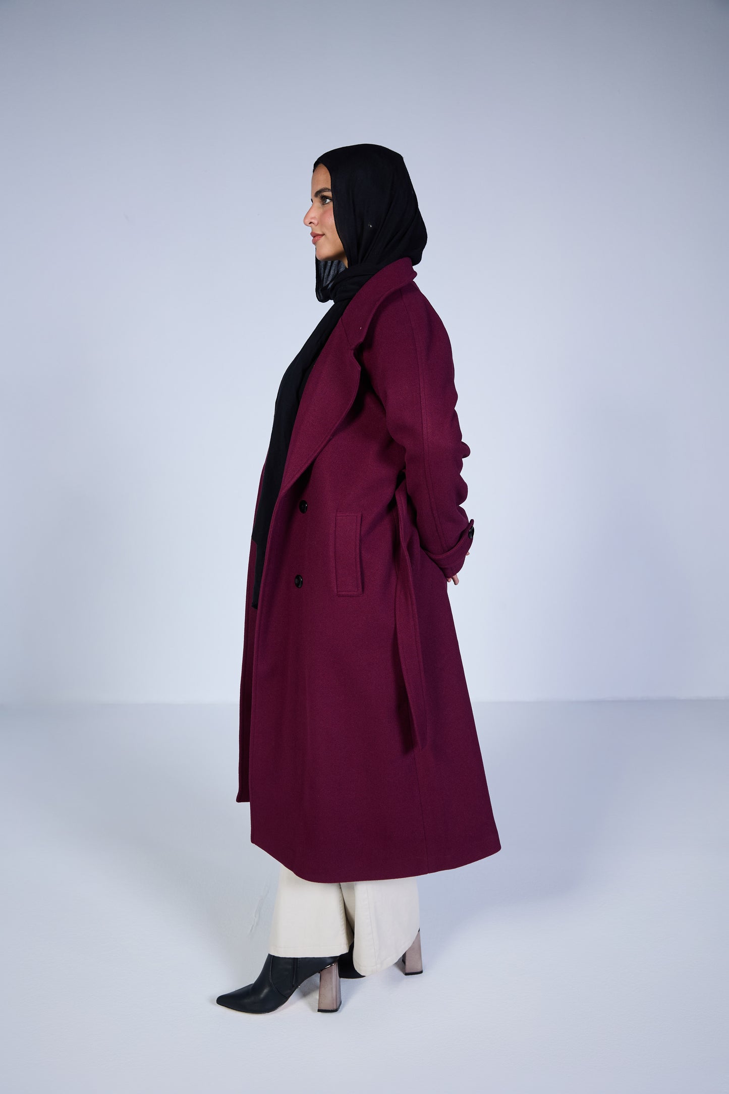 Minimal Wool-Blend Long Coat – Deep Burgundy