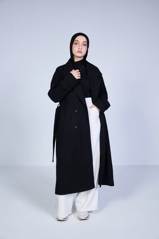 Minimal Wool-Blend Long Coat – Midnight Black