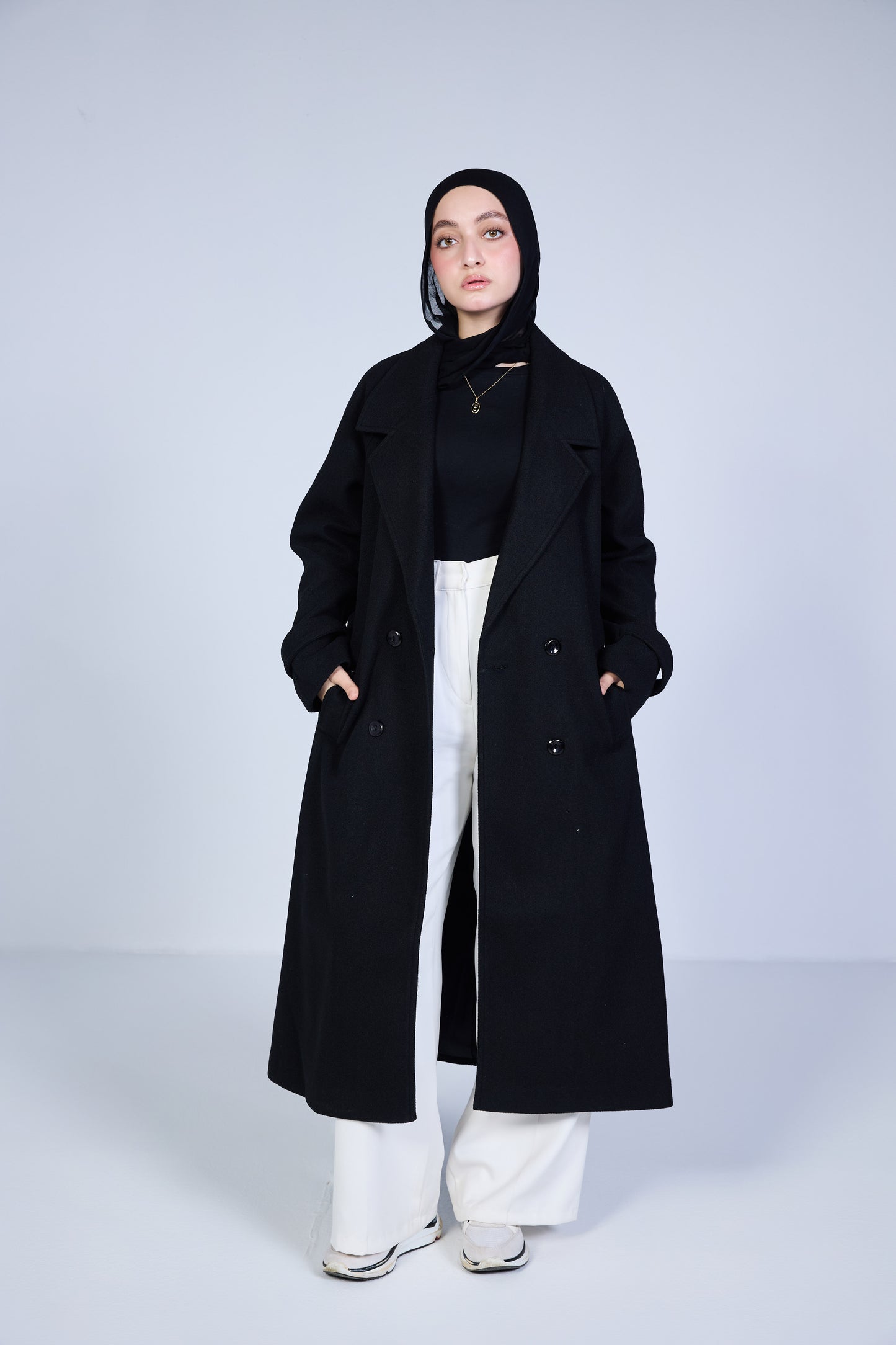 Minimal Wool-Blend Long Coat – Midnight Black