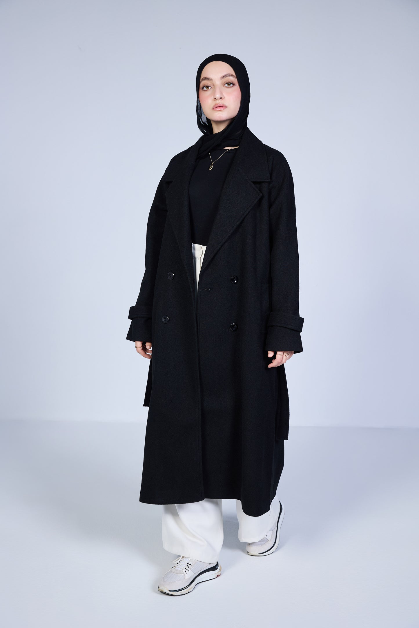 Minimal Wool-Blend Long Coat – Midnight Black