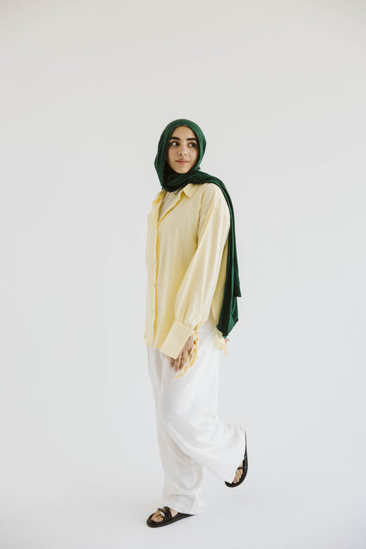 Oversized Linen Shirt with Back Tie – Light Yellow