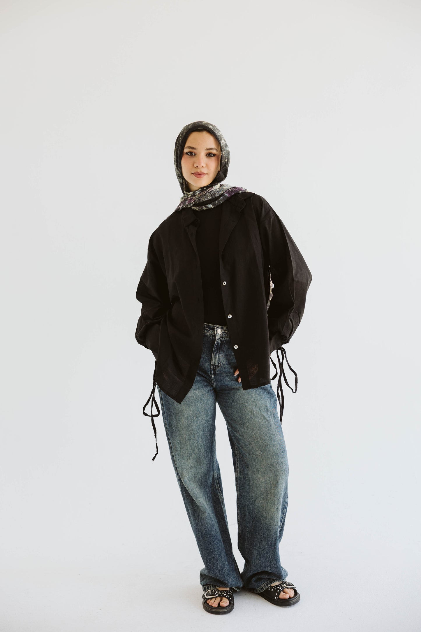 Oversized Linen Shirt with Back Tie –in Black