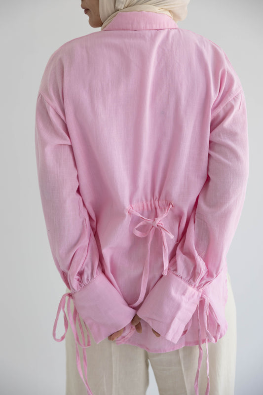 Oversized Linen Shirt with Back Tie – Rose Pink