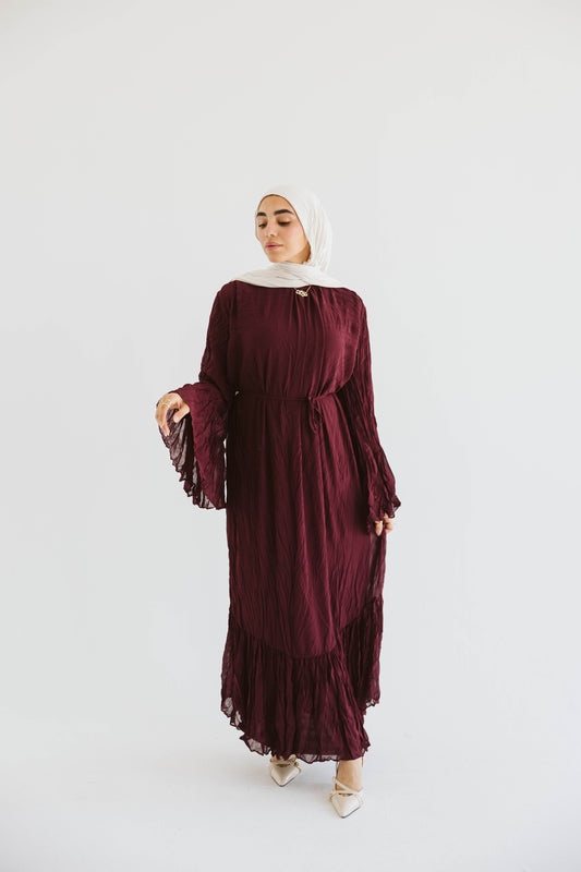 Crush Pleated Long Dress in Velvet Wine