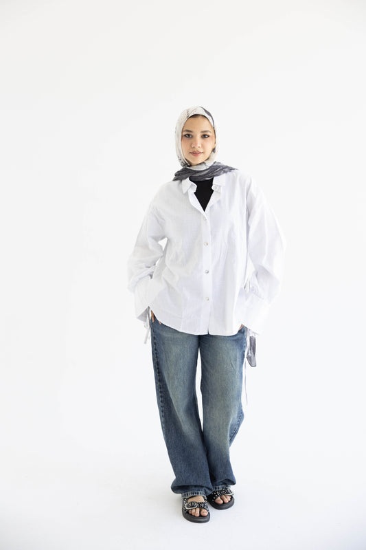 Oversized Linen Shirt with Back Tie –in White