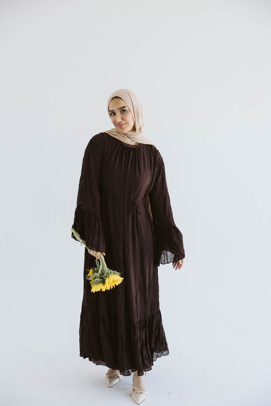 Crush Pleated Long Dress in Chocolate Brown