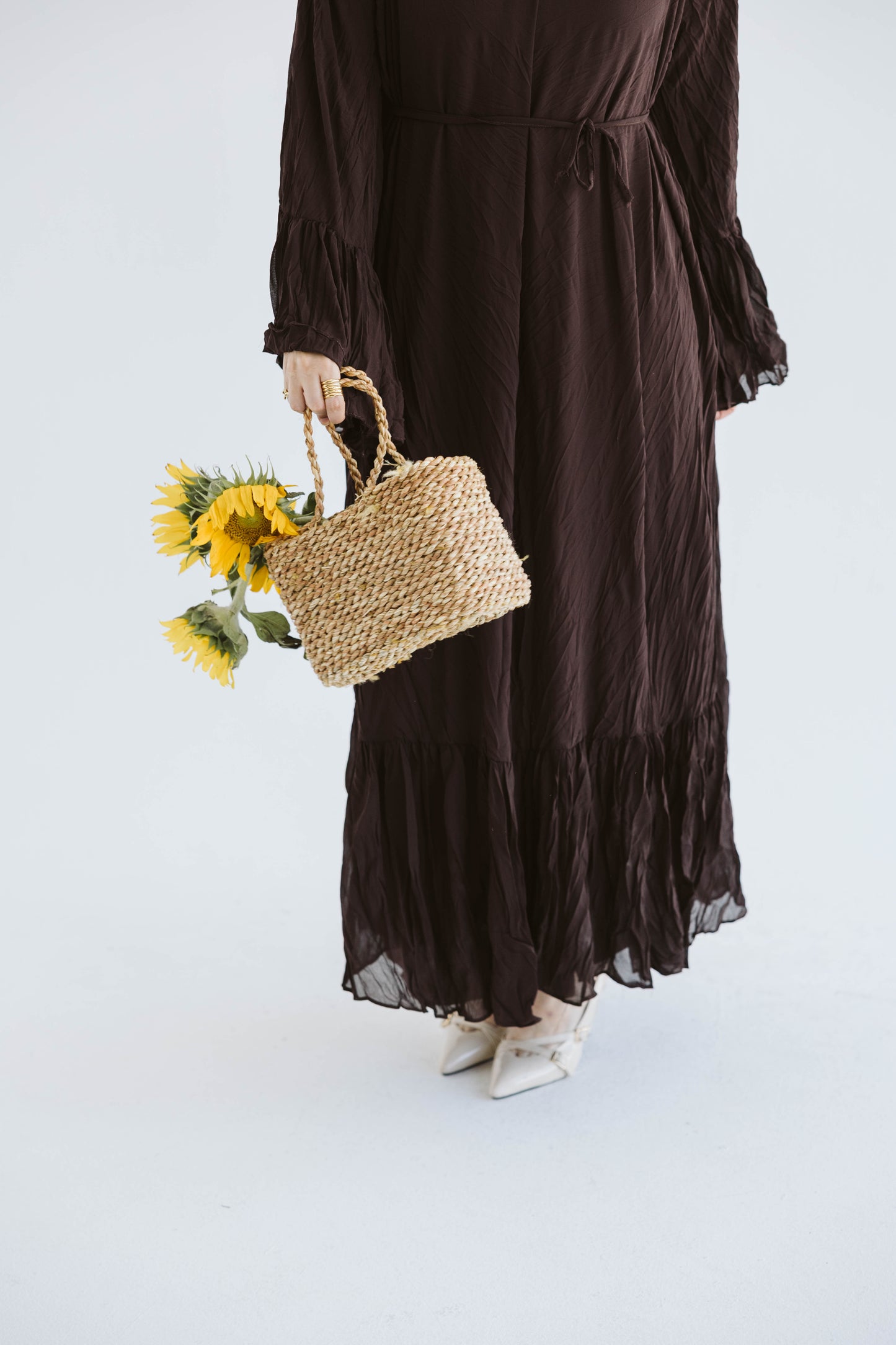 Crush Pleated Long Dress in Chocolate Brown