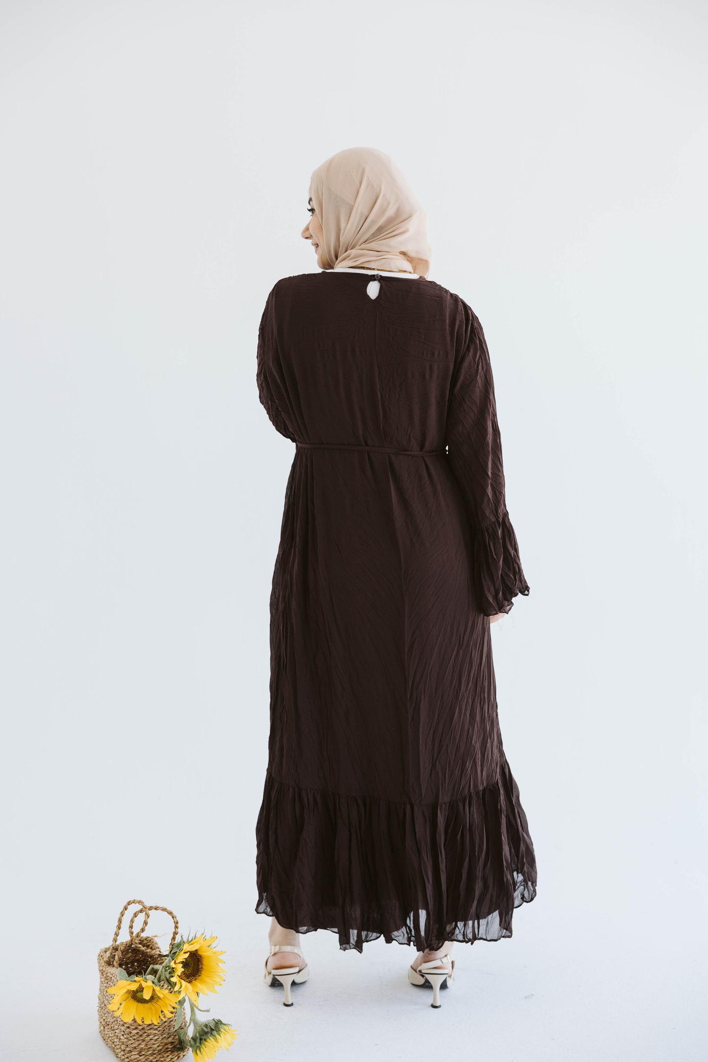 Crush Pleated Long Dress in Chocolate Brown