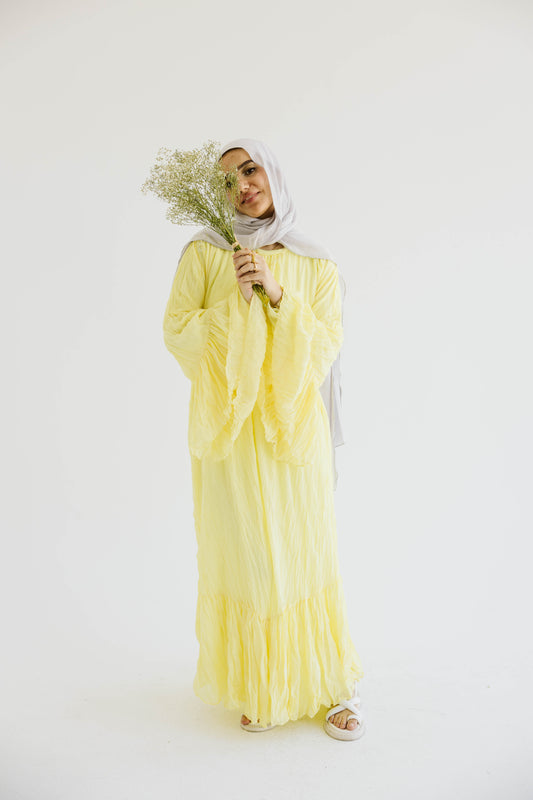 Crush Pleated Long Dress in Butter Yellow